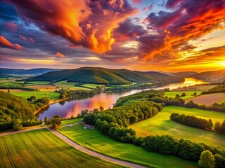 Fototapeta premium Panoramic Hudson Valley Sunset: Breathtaking Golden Hour Landscape