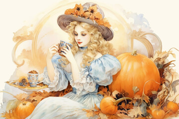 a young girl with long blond hair sitting among pumpkins and autumn leaves.  