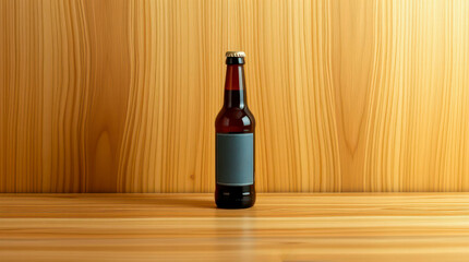An elegant dark bottle of beer stands against a warm wooden background, emphasizing its premium style. Soft lighting creates a sense of luxury and exclusivity.