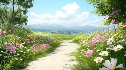 Obraz premium Scenic pathway through vibrant wildflower meadow leading to mountains and blue sky