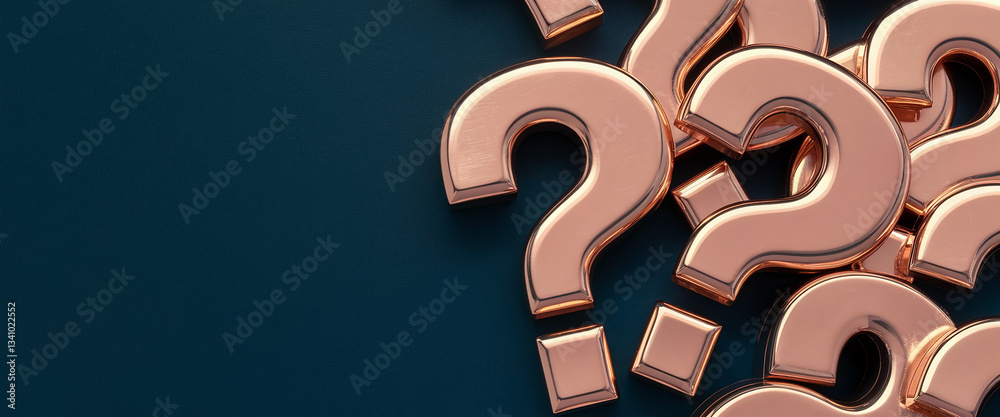 Poster rose gold question marks scattered on a dark blue background, leaving free space for text. represent