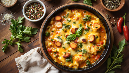 Delicious pasta dish with cheese and vegetables on a wooden table