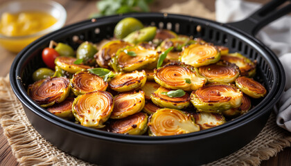 Grilled Brussels sprouts and olives in black skillet