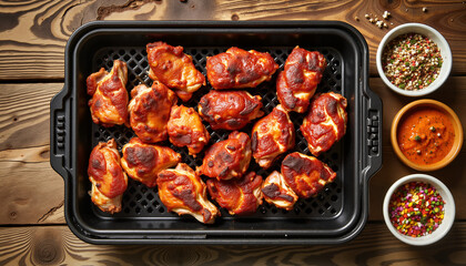 Grilled chicken thighs with sauces on wooden table
