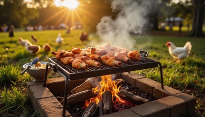 Grilling chicken wings over open fire at sunset