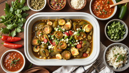 Colorful vegetable dish with sauces and garnishes on wooden table