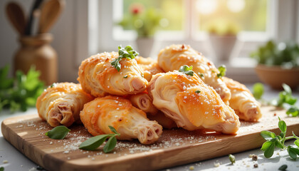 Delicious baked pastries on wooden board with herbs