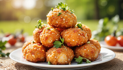 Plate of crispy sesame balls on a sunny outdoor background