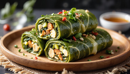 Stuffed green vegetable rolls garnished with herbs on wooden plate