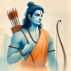 Illustration of lord rama with a bow and arrow for ram navami. 