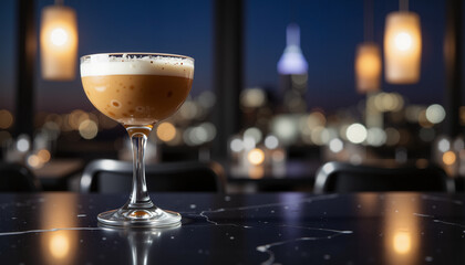 Martini glass with coffee cocktail against city skyline at night