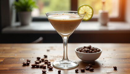 Coffee cocktail in a glass with lime slice on wooden table