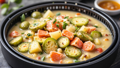 Delicious salmon and vegetable stew in a black bowl