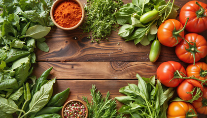 Fresh vegetables and herbs on wooden background