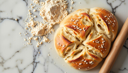 Freshly baked bread on marble countertop with flour