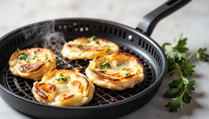 Golden-brown potato pancakes cooking in a frying pan