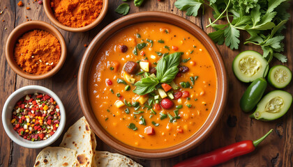 Savory vegetable soup in a rustic bowl on a wooden table