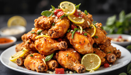 Fried chicken wings garnished with lemon and herbs