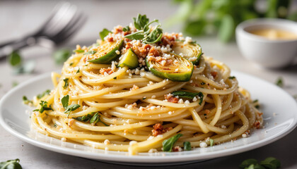 Delicious spaghetti topped with green vegetables and cheese