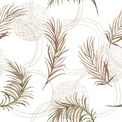 Watercolor seamless pattern with palm leaves and geometrical circles. Hand drawn illustration on white background.  Abstract floral  plant