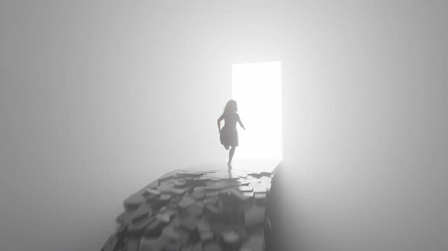 Woman Runs Across the Breaking Bridge to the Door with a Light, Concept of Passing Time and Achieving Success, Abstract 3D Animation, , Ultra HD 3840x2160 4K