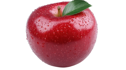 Freshly picked red apple glistening with morning dew in a bright atmosphere