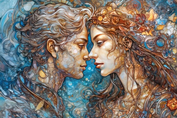 two faces, a young man and a woman, facing each other, their noses almost touching.  
