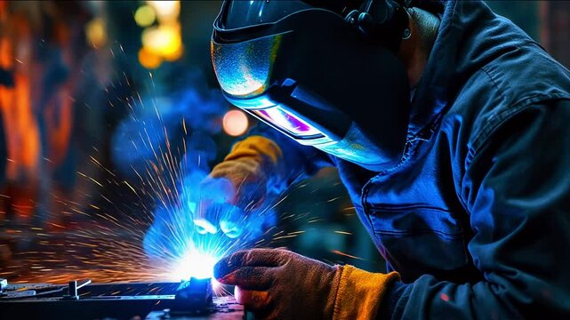 Skilled welder working in a dimly lit workshop, sparks flying, showcasing craftsmanship and focus