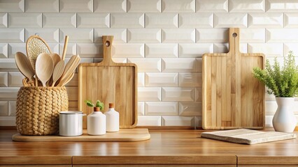 Obraz premium Rustic Kitchen Countertop: Panoramic View of Wood Cutting Boards, Woven Tray & White Containers