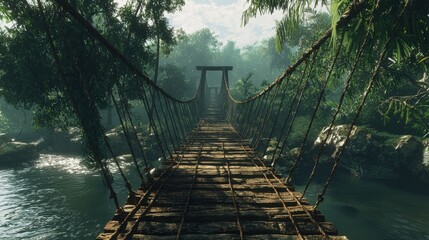 Fototapeta premium Old suspension bridge across river in jungle, perspective view of rope wood footbridge. Scenery of tropical forest with water. Concept of suspension, travel, adventure, nature