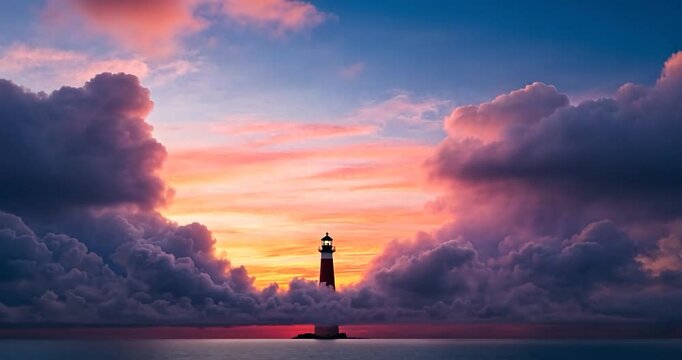 Lighthouse silhouetted against a vibrant sunset, with dramatic clouds filling the sky.  Ocean waves gently lap at the shore