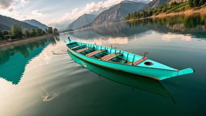 A picturesque boat and serene lake scene captured in golden light.