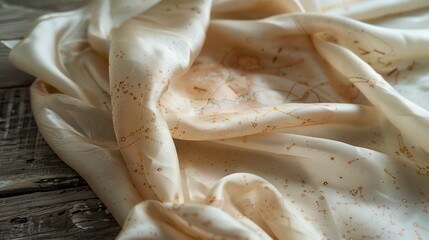 Close up of a soft, white fabric with a gold constellation pattern.