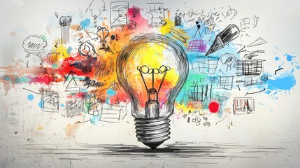 A vibrant colorful light bulb surrounded by a dynamic mind map of sketches doodles and symbols representing the spark of innovative brilliance that ignites creative thinking and problem solving