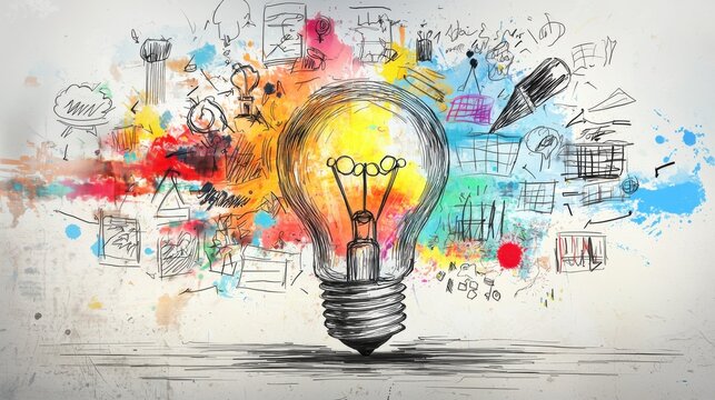 A vibrant colorful light bulb surrounded by a dynamic mind map of sketches doodles and symbols representing the spark of innovative brilliance that ignites creative thinking and problem solving