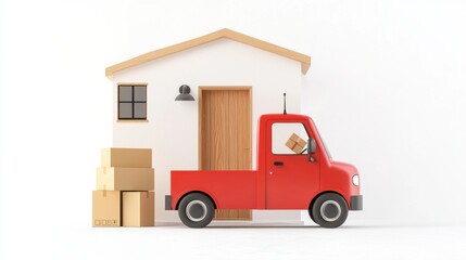 Obraz premium A red miniature delivery truck transporting cardboard boxes and packages to a small wooden house with and a door showcasing the concept of home delivery logistics and residential housing