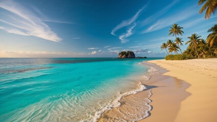 Obraz premium Serene tropical beach scene featuring soft sand and palm trees.