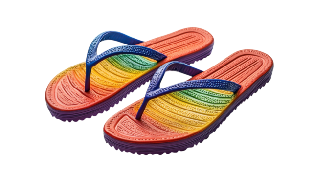 Colorful rainbow sandals reflect summer fun by the beach or poolside