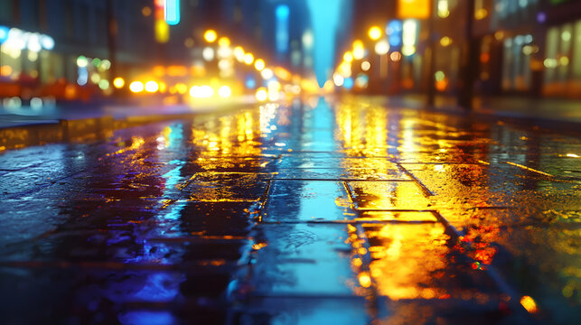3D Rendering of neon mega city with light reflection from puddles on street heading toward buildings. Concept for night life, business district center (CBD)Cyber punk theme, tech background