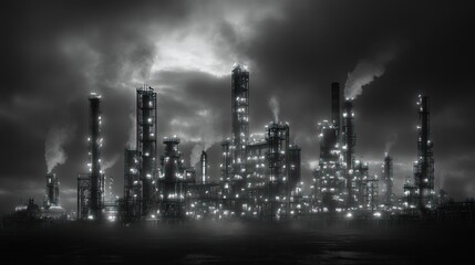 Obraz premium Nightfall at the Petrochemical Refinery: A Monochromatic View
