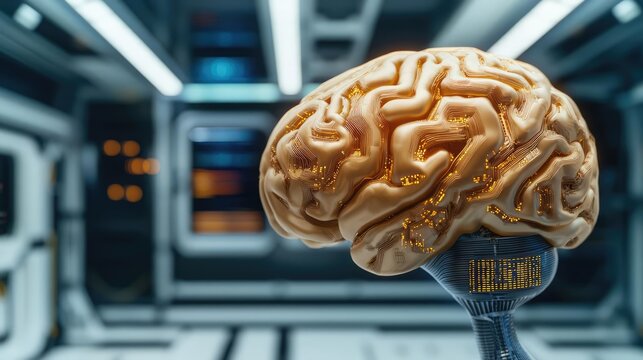 Artificial intelligence circuit and brain science concept. A futuristic depiction of a brain in a modern lab environment.