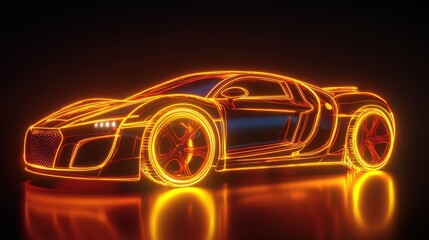 Orange and yellow neon light neon car. Vibrant colored , isolated on a black background. 3D Render