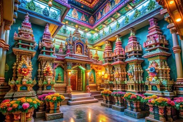 Fototapeta premium Seychelles Hindu Temple Interior: Vibrant Colors & Spiritual Decor in Victoria, Mahe