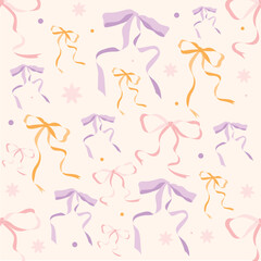 A seamless pattern with elegant bows in pastel tones on a light background. Perfect for textiles, packaging, greeting cards, wallpaper design, and festive decorations.

