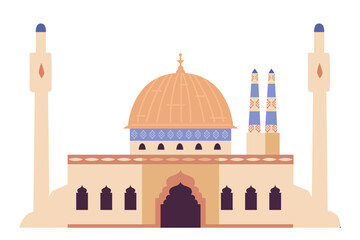Mosque building exterior flat vector illustration isolated on white. Islamic religious architecture.