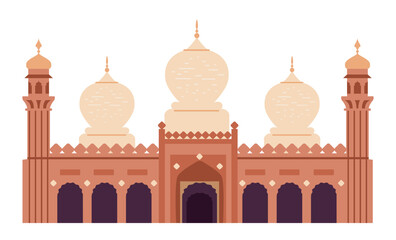 Mosque building exterior flat vector illustration isolated on white. Islamic religious architecture.