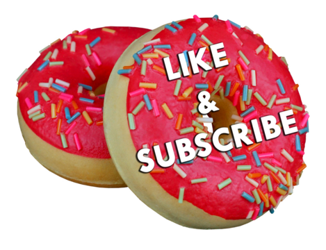Png image with no background for YouTube with text like and subscribe. Red donuts