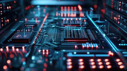 Obraz premium Artificial intelligence circuit and brain science concept. Futuristic circuit board with vibrant lights and intricate details.