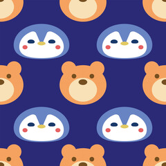 Cute Penguin and Bear Vector Seamless Pattern Digital Paper – Adorable Winter Animal Nursery Background, Baby Shower Scrapbook Paper, Kids Room Decor, Kawaii Arctic Wildlife Illustration, Blue and Whi