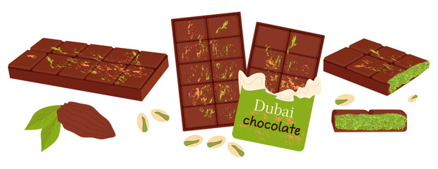 Dubai chocolate bar set with pistachio filling and kataifi dough. Luxury milk, dark chocolate with green pistachio filling. Unwrapped chocolate, cut pieces, sweets, cocoa pod. Delicious exotic product